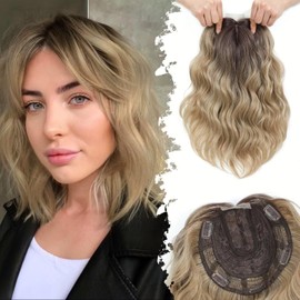 RUNRAYAY 12 Inch Hair Piece Wavy Hairpiece for Women Basic Size Hairpiece for Women with Thin Hair Wavy Clip in Ombre Ash Blonde (R6/18#)