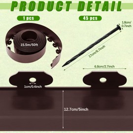 Sasylvia 5'' x 50' Landscape Edging Kit No Dig Edging Border Coil Include 45 Anchoring Spikes Plastic Garden Edging Border for Lawn Garden Grass Yard Home School (Brown)