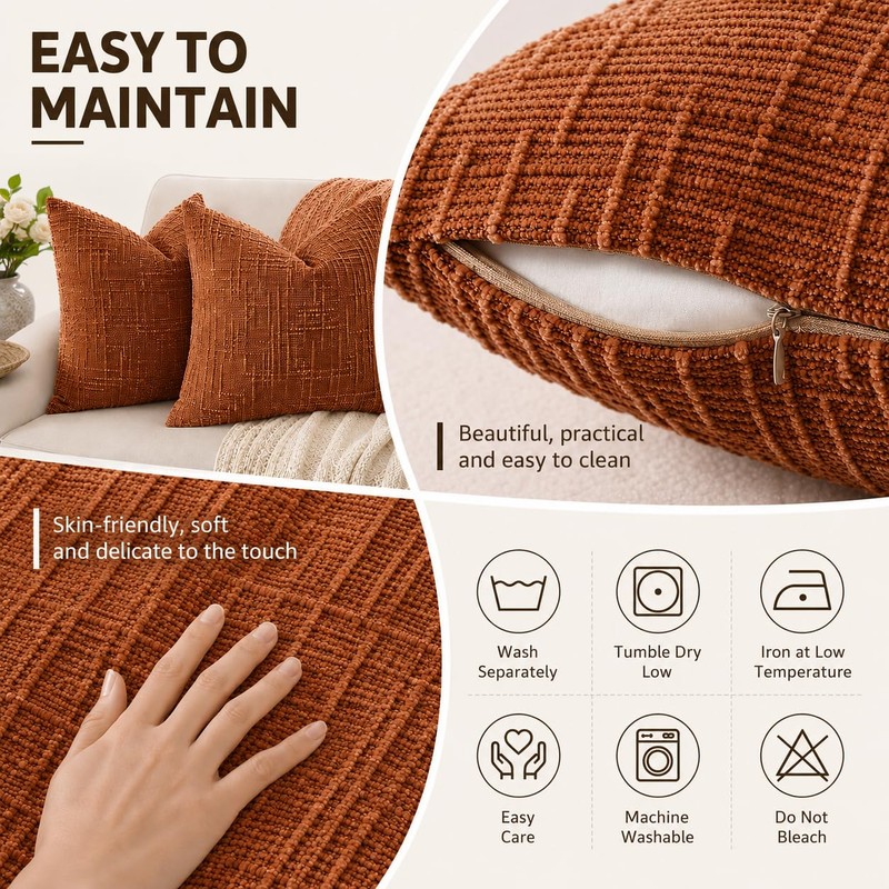 Chenille Throw Pillow Covers 18x18 Inch Orange, Set of 2