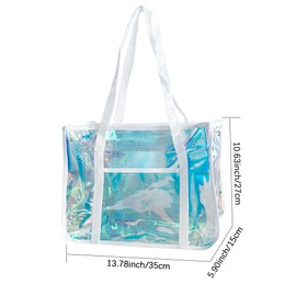 TotePrint Fashion Women Bag Super Large Holographic Beach Todd Package TPU Material Rainbow Transparent Waterproof Shoulder Bag, Blue and white., L