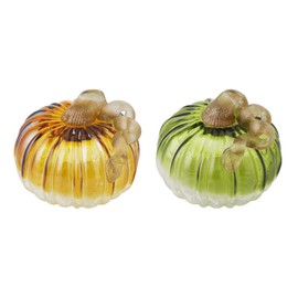 Glitzhome Set of 2 Glitter Glass Pumpkins, Hand-Blown Art Pumpkin Seasonal Table Decoration, Green & Amber