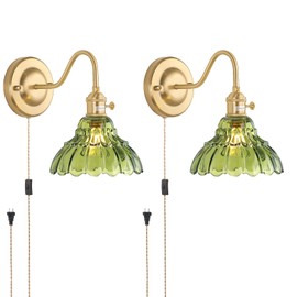 Shenmoyl Plug in Wall Sconce Set of 2, Gold Vintage Wall Lights with Green Lily Glass Shade, Indoor Brass Corded Wall Lamp Fixture for Bedroom Living Room Bathroom Hallway