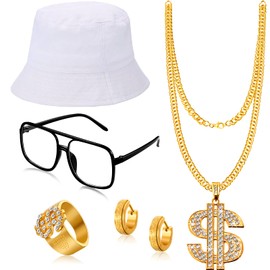 SATINIOR 80s 90s Hip Hop Costume Outfit Kit, 5 Pcs Dollar Chain Necklace Ring Bucket Hat Glasses Earring for Rapper, Men, Women, Kids(White)
