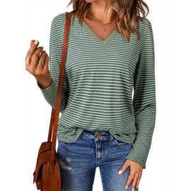 EVALESS Spring Summer Tops for Women Casual V Neck Long Sleeve Striped Shirts 2025 Basic T Shirts Lightweight Loose Tee Clothes Black X-Large