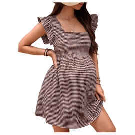 SHENHE Women's Maternity Gingham Dress Square Neck Ruffle Sleeve Ruched Flowy Summer Plaid Mini Sundress Brown Large