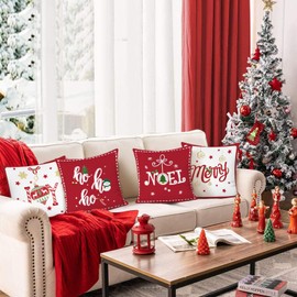 Bonhause Red Christmas Cushion Covers 45 x 45 cm Xmas Hoho Joy Decorative Throw Pillow Covers Soft Velvet Pillowcases for Sofa Bed Home Xmas Holiday Decor Set of 4