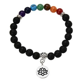 Healing Chakra Crystal Bracelets for Women Men 8mm Spiritual Black Lava Stone Bracelets with Lotus Flower Charm Bracelets Yoga Meditation Gifts for Women Men Elastic Colorful Rainbow Beaded Bracelet
