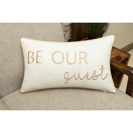 MANOJAVAYA Be Our Guest Embroidered Decorative Lumbar Accent Throw Pillow Cover - Decor for Living Room, Sofa, Chair, Patio, Car, Balcony, Bench, Porch, Office, Bedroom - 12x20 Inches, Beige