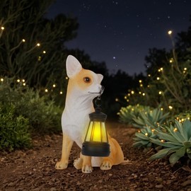 Chihuahua Garden Statues with Solar Lantern, Outdoor Figurine Resin Sculpture Hanging Solar Power Lights for Decoration Yard Patio Balcony Lawn Ornament Art Decor, Unique Gift for Grandma Wowen Mom