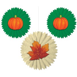 Creative Converting 3 Count Leaves and Pumpkins Tissue Fans with Attachments, Orange