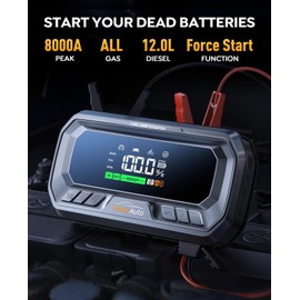 YaberAuto 12-in-1 Jump Starter with Air Compressor 8000A 160PSI 65W Charging, Portable Car Battery Jump Starter (All Gas/12L Diesel) Jump Box Car Battery Jumper Starter Portable Jumper Cables, 160W DC