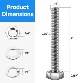 (12 Sets) 1/4-20 x 2 Hex Head Screws Bolts and Nuts Kit with 1/4-20 Bolt, 1/4-20 Nuts, Flat & Lock Washers, Fully Threaded, 1/4 20 Stainless Steel Bolts, Bright Finish by Marysino
