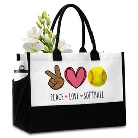 seclate Softball Gift Bags, Peace Love Softball Tote Bag with Pockets for Women, Reusable Beach Gifts Bag for Birthday Travel Shopping Sports - A01