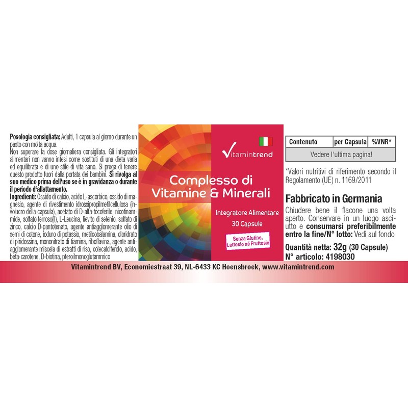 Vitamin & Mineral Complex - 30 Capsules, Multivitamin Preparation in