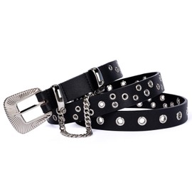 HOLMANSE Grommet Leather Belt for Women Top Grain Cowhide Leather Design Punk Studded Holes Waist Belt with Chain