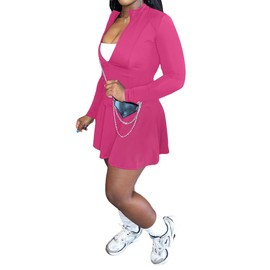 Women Two Piece Sets Going Out Set Long Sleeve Crop Top Pleated Mini Skirt Lounge Tennis Jogger Sweat Suit Rose Red L