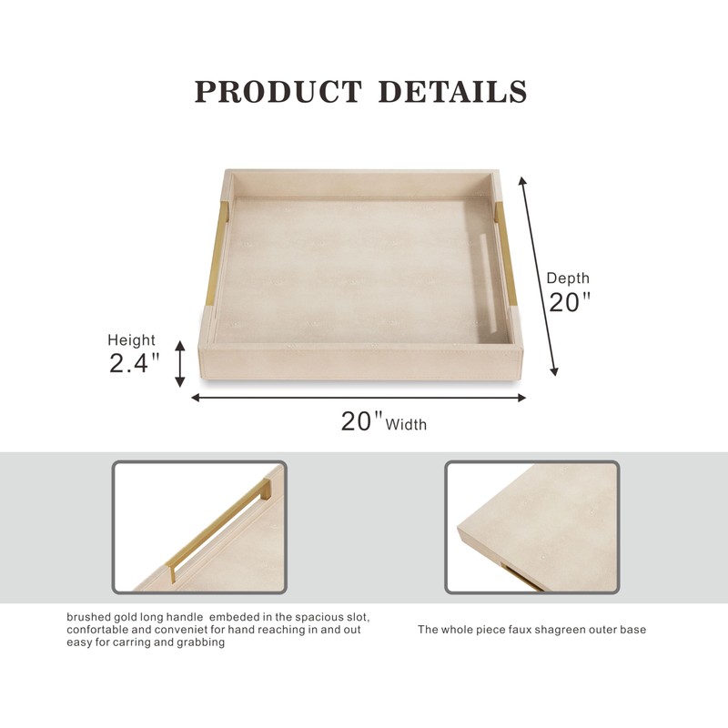 Sagala 20"x20" Extra Large Ottoman Tray with Gold Handles, Ivory