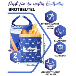 Bienenwachs Brotbeutel 2 Stück – Wiederverwendbare Baumwollbeutel 32×43cm extra groß – zum Frischhalten von Brot & Backwaren (Blau + Gelb)