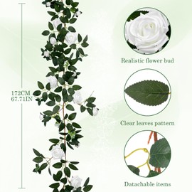 2 Pack 11.2 Ft Artificial Flower Garland with White Roses, Realistic Fake Greenery Vines with 17 Roses Flowers for Wedding Table Centerpieces Arch Party Ceremony Backdrop Decor(White)
