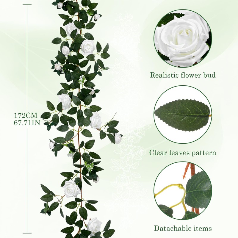 2 Pack 11.2 Ft Artificial Flower Garland with White Roses,