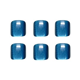 SINHOT Blue Press on Toenails Glossy Fake Toe Nails Glue on Toenails Summer Acrylic Toe Fake Nails Supplies Bling Cat Eye False Toenails Art with Design Full Cover Press-on ToeNails DIY 24pcs
