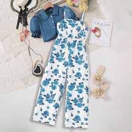 Asbabiy Girl's 2 Piece Jumpsuits Casual Overalls Rompers Outfits Puff Sleeves Top and Blue Rose Print Wide Leg Pants (Blue,8-9Y(51-54 IN))