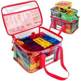 Tesuko 4 Pack Magnetic Tiles Storage Bag with Manual Pocket& Name Tag, Whole Clear PVC Magnetictiles Organizer Case for Magnetic Tiles, Building Blocks, Toy Cars, Board Game, Puzzle (Colorful)