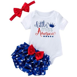 Infant Baby Girl Shorts Outfit Set 4th of July Romper + Bloomer+ Headband Independence Day Summer 3PCS Clothes Sets (Little Miss,0-3 Months,)