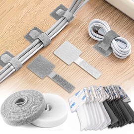 45 PCS Sticky Back Cable Ties with 2 Rolls Extension Straps - Adjustable Hook and Loop Cord Organizer for Under Desk Management Nylon Wire Organizer for Home Office (Mixed Colors)