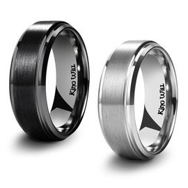 King Will BASIC Men's Black titanium Carbide Ring 8mm Polished Beveled stepped Edge Matte Brushed Finish Center Wedding Band 2Pcs Set 9.5