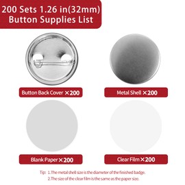 200 juegos de suministros para hacer botones, suministros de botón de 32 mm (aprox. Piezas de metal en blanco de 1.25 pulgadas con papel en blanco para hacer botones, máquina de pines y botones