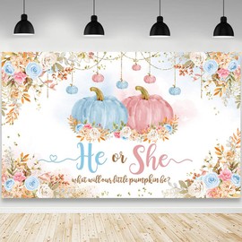 AIBIIN Pumpkin Gender Reveal Backdrop He or She What Will Our Little Pumpkin Be Photography Background Blue Pink Pumpkin Floral Fall Gender Reveal Party Decorations Photo Booth Props 70.8 x 43.3 inch
