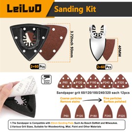 LEILUO 127Pcs Multi Tool Sanding Pad Kit 2 Pcs 93mm Triangle Sanding Pads 2 Pcs Fingertip Sand Pads 120 Pcs Sandpaper 3 Pcs Adapters Compatible with DeWalt Makita and More