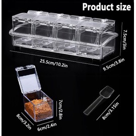 Seasoning Box Set, 4 Piece Clear Acrylic Spice Pots, Jars Condiment Containers with Cover and Spoon Seasoning Rack Storage Container Kitchen Cooking Organizer Tools for Spice Salt Sugar Cruet