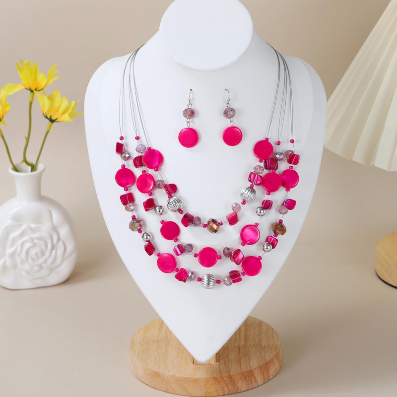 Aenu Multi-Strand Shell Beaded Statement Necklace and Earrings for Women