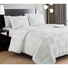 Chezmoi Collection Lorraine White Clip Jacquard Geometric Comforter Set, King - 3-Piece Striped Pattern Waffle Textured Lightweight Bedding