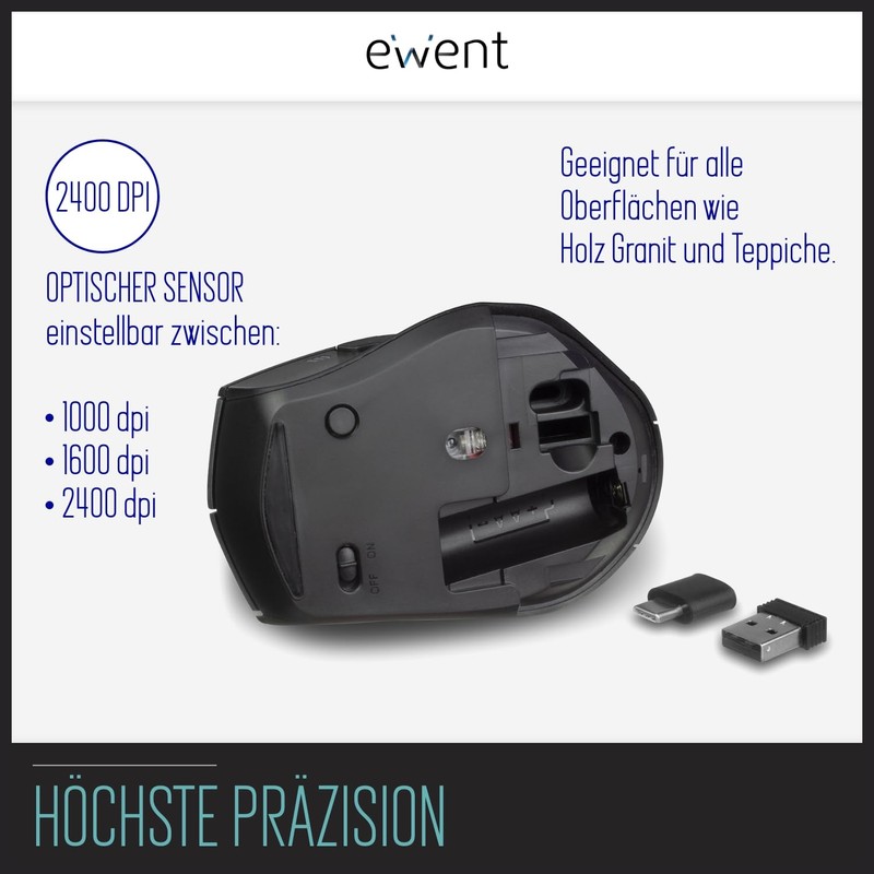 Ewent EW3245 Dual Connectivity Wireless Mouse 2400DPI Silent Click