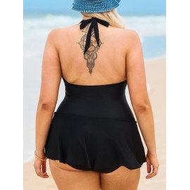 CUPSHE - Traje de baño de una pieza para mujer, con cuello en V, con ribete de encaje, ajustable, con lazo, Negro -, Medium Plus