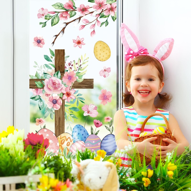 JarThenaAMCS Easter He is Risen Window Clings Bunny Egg Floral