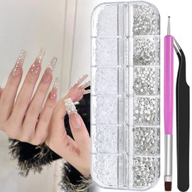 1000pcs Glass Rhinestones & Resin Half Round Pearls Kit, 1.4-4mm Clear White Glass Rhinestones, 1.5-5mm White Flatback Pearls with Tweezers and Brush for Crafts DIY, Face Makeup Gems Jewels (13-K1)