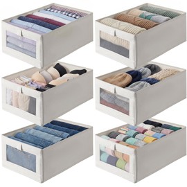 6 Pack Closet Storage Bins, 15.9 x 11 x 6.7 Foldable Closet Organizer Bins with Clear Window, Cotton Linen Closets Baskets for Clothing Organization, Foldable Fabric Organizer, Beige