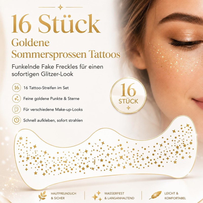 Glitter Freckles Tattoo Gold, Temporary Tattoos for Fake Freckles