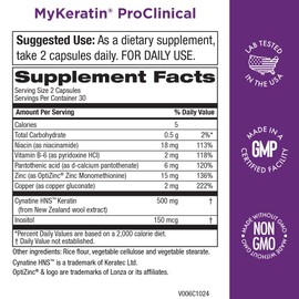 MyKeratin ProClinical Advanced Hair Therapy - Purity Products - Reduces Hair Loss & Increases Hair Strength, Shine & Luster - Next Generation Keratin Hair, Skin & Nails Super Formula - 60 Veg Capsules