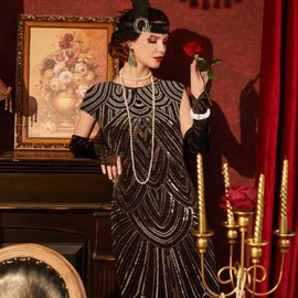 WILDPARTY 1920s Dresses for Women, Flapper Dress with Sequins Beaded Fringed Mesh Stockings, 20s Accessories Mafia Costume Ladies