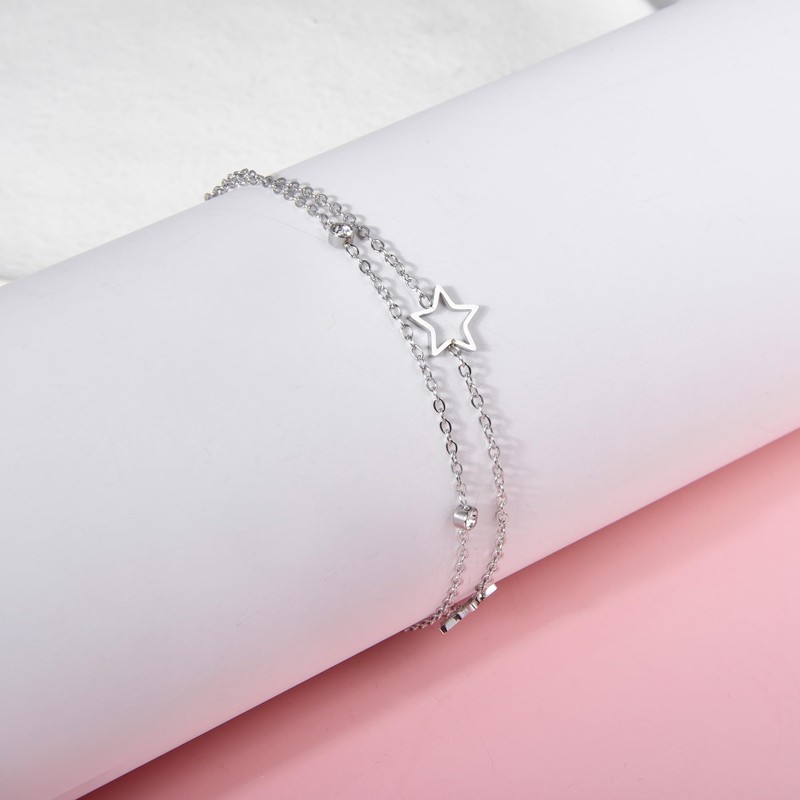 Double Layered Bracelet Star CZ Titanium Steel Adjustable Link Chain
