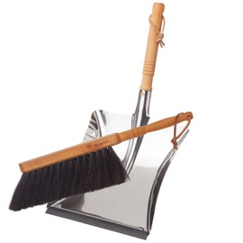 REDECKER Horsehair Fiber Hand Brush and Dust Pan Set - Wooden Broom and Dustpan Set for Home - Outdoor Dust Pan and Brush - Oiled Beechwood Handles - Large Capacity Stainless Steel Dust Pan