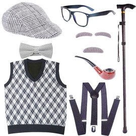 Kids 100 Days of School Costume for Boys - Old Man Costume Set with Many Parts, Old Person Costumes (black, 5T-7T(130cm))