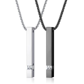 SAILIMUE 2Pcs Stainless Steel Bar Pendant Necklace for Men Women Couples Necklaces Cuboid Silver/Black CZ Bar Pendant with 22 Inches Chain Necklace Unisex
