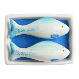 Tinned Fish Ceramic Salt and Pepper Shakers Set, Blue Kitchen Decor with Ombre Shaped Sardines, Cute Novelty Kitchen Items for Coastal Beach House Decor, Fun & Unique Gift for Collectors (Set of 3)