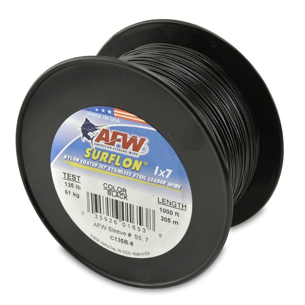 American Fishing Wire Surflon Nylon Coated 1x7 Stainless Steel Leader Wire, Black Color, 135 Pound Test, 300-Feet